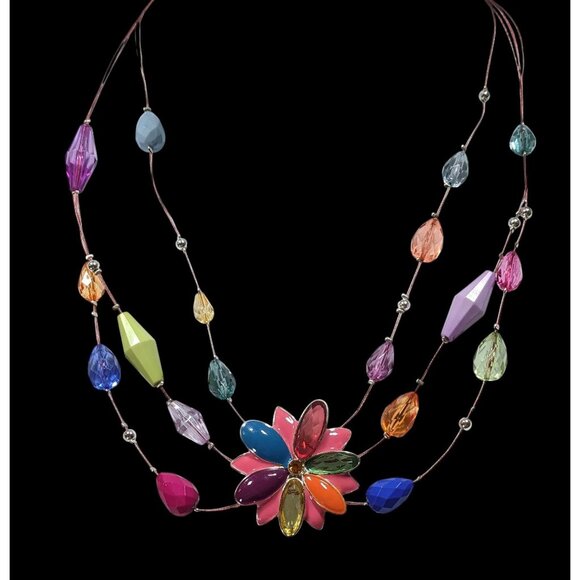 Rainbow Floral Enamel And Rhinestone Layered Beaded Necklace - Picture 2 of 5